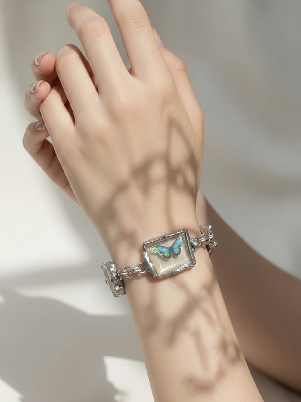 Vintage Anchor Hocking Lead Crystal Glass Bracelet w Artisan Silver Blend Bezels